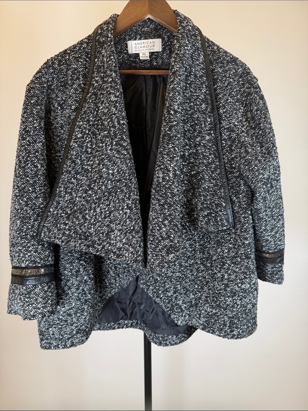 American Glamour Badgley Mischka Black Tweed Leather Trim Moto Jacket Sz XL